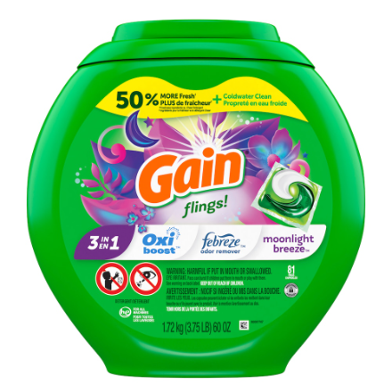 Gain flings Laundry Detergent Soap Pacs, HE Compatible, 81 ct, Long Lasting Scent, Moonlight Breeze